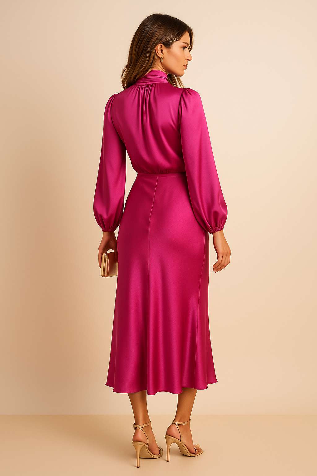 Robe midi femme satinée col montant manches longues coupe fluide élégante