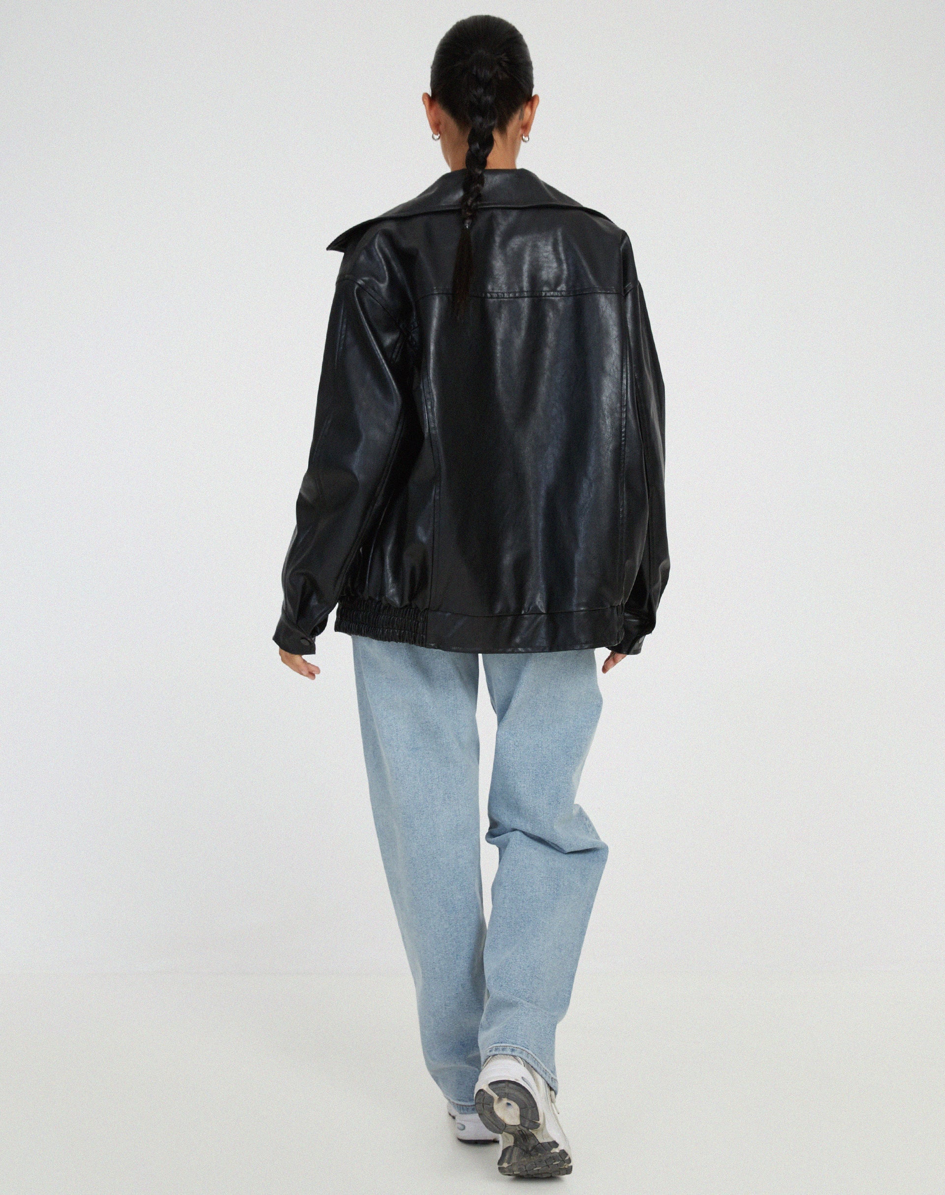 Veste bomber femme simili cuir oversize zip manches longues col large casual