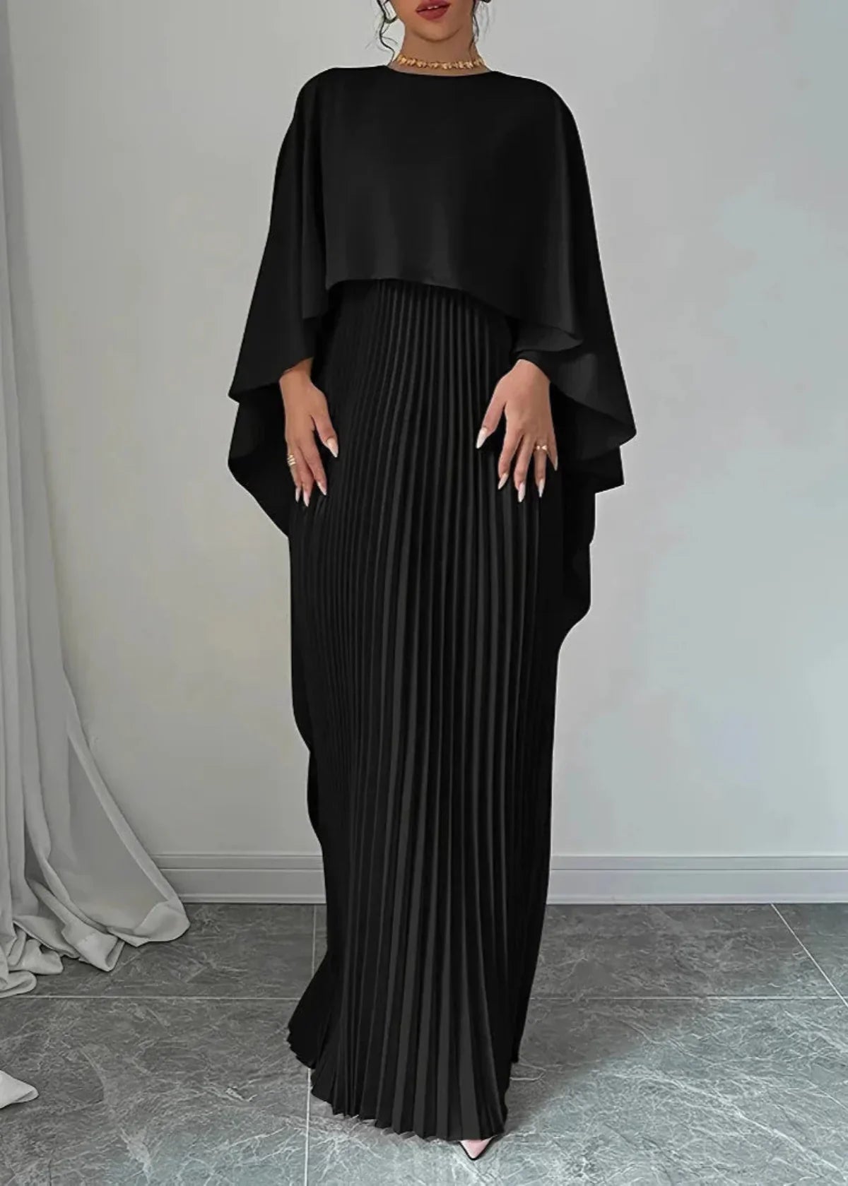 Robe longue femme plissée cape fluide manches chauve-souris élégante soirée
