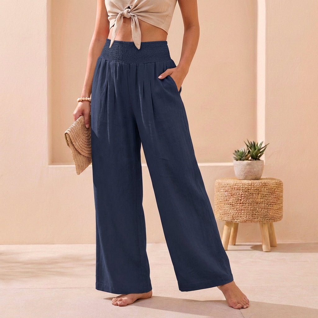 Pantalon large femme en lin taille smockée coupe palazzo fluide plis avant