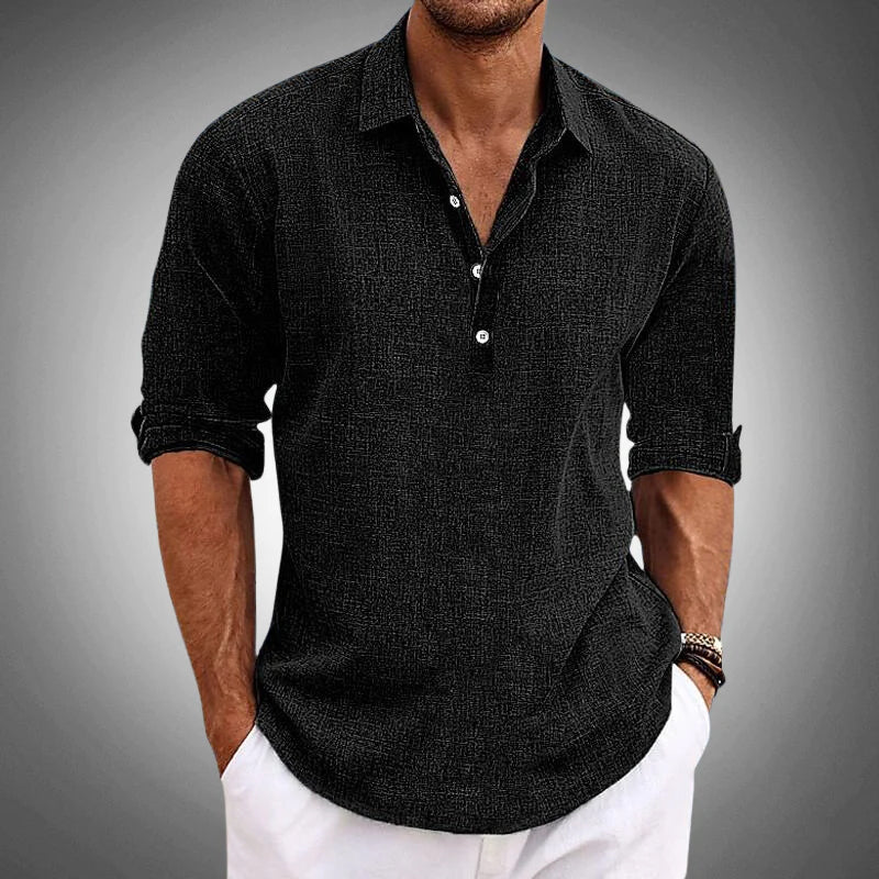 Chemise homme manches longues texturée col italien boutonnée coupe décontractée