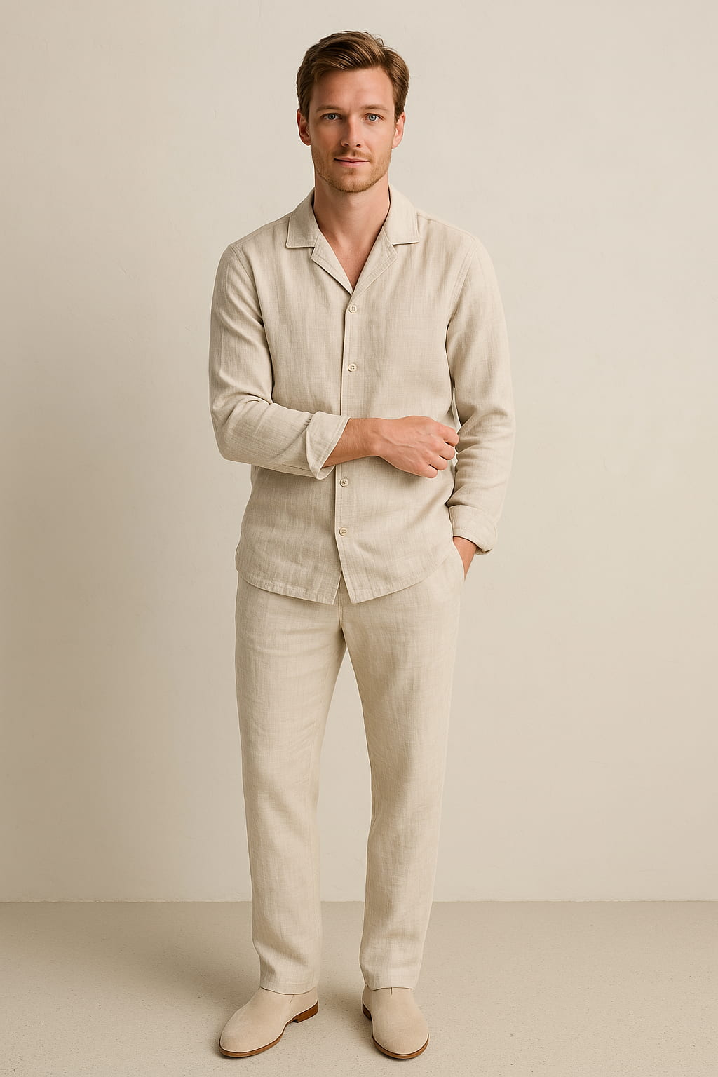Ensemble lin homme 2 pièces chemise col revers pantalon droit été