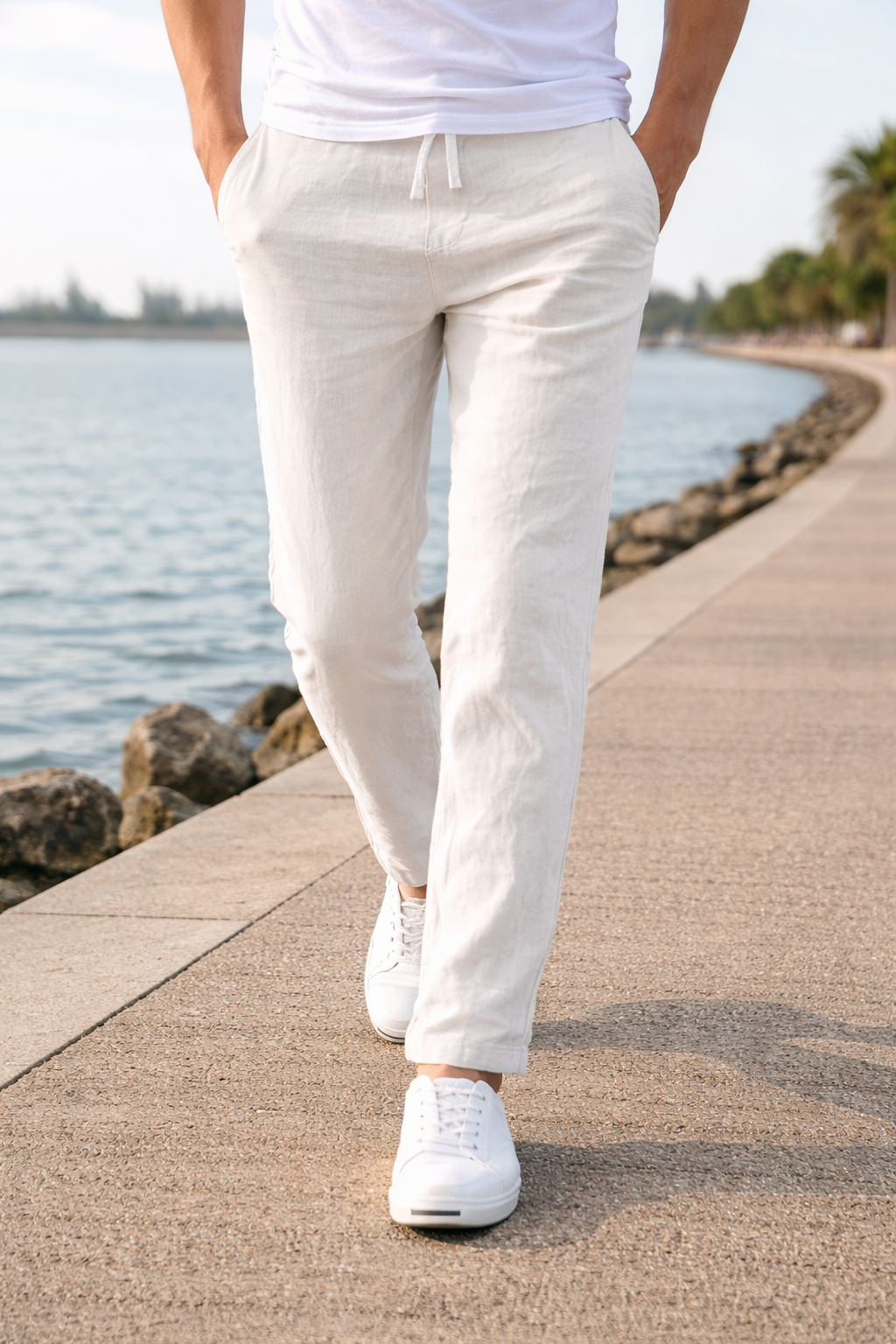 Pantalon homme coton taille élastique cordon de serrage coupe droite