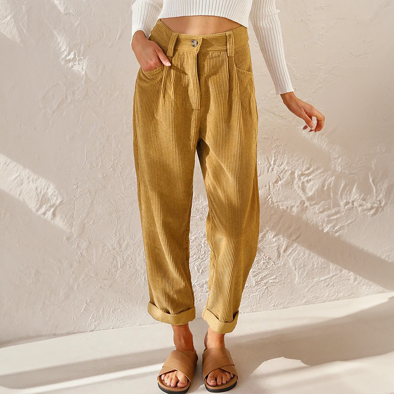 Pantalon femme en velours côtelé taille haute coupe droite poches latérales
