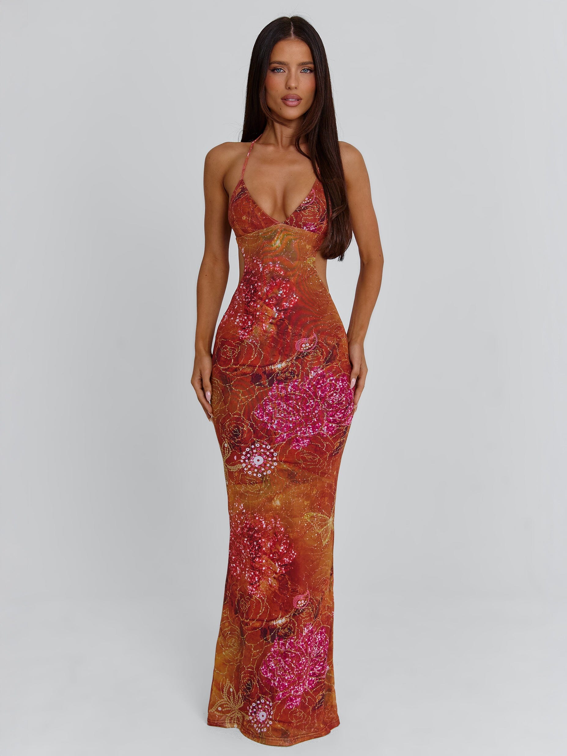 Robe longue femme bretelles fines imprimé floral coupe moulante soirée