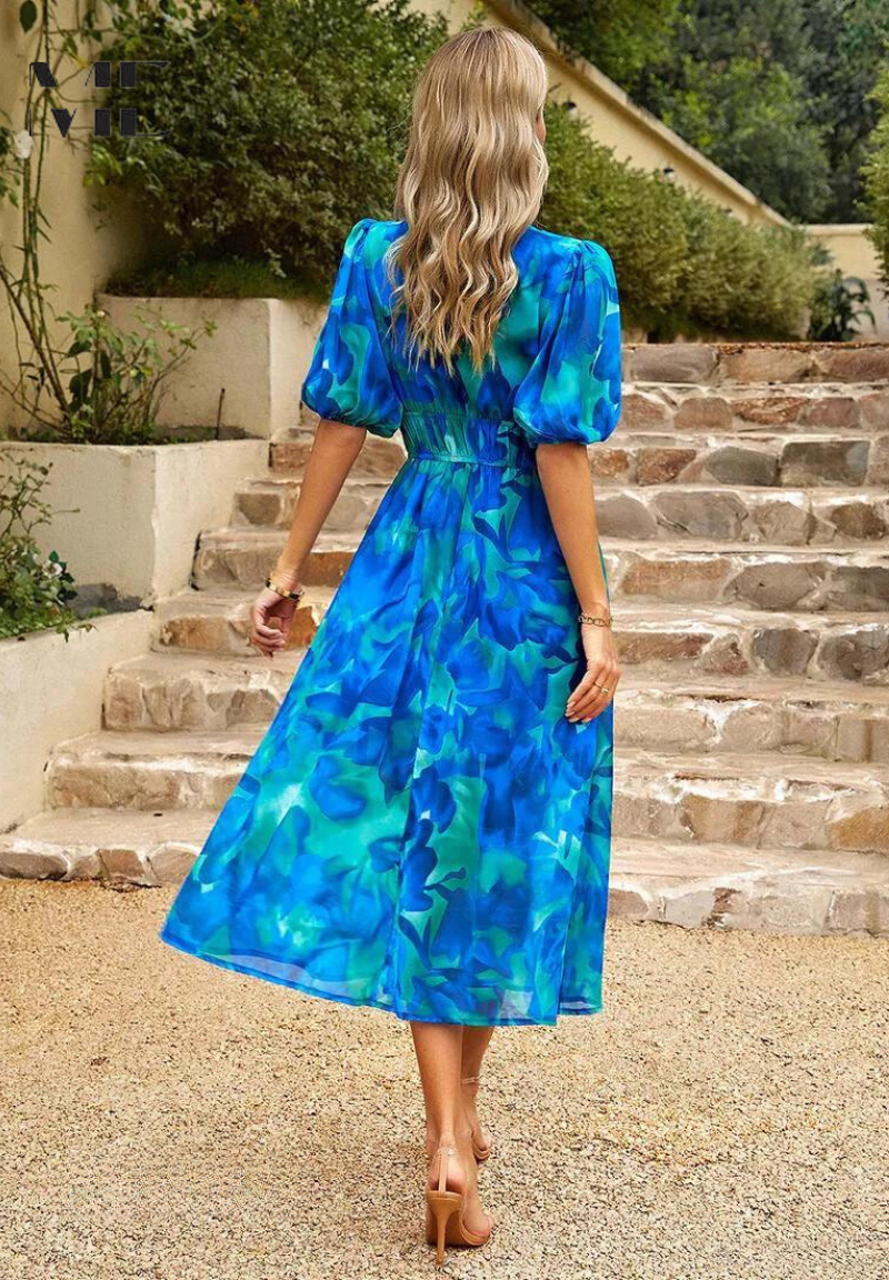 Robe midi fleurie femme à manches bouffantes et col V fluide