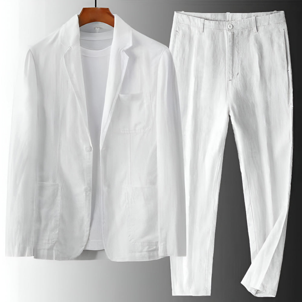 Ensemble homme en lin deux pièces blazer boutonné pantalon à cordon