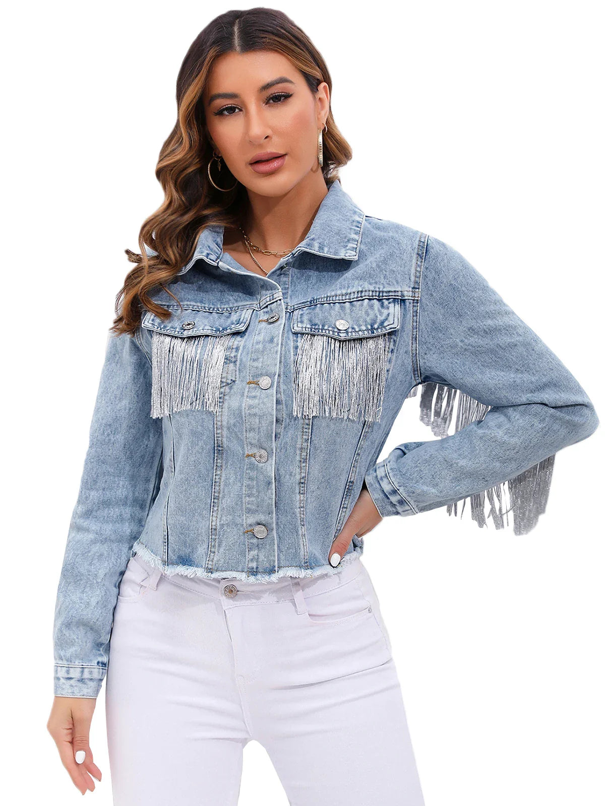 Veste en jean femme courte avec franges manches longues coupe ajustée boutonnée