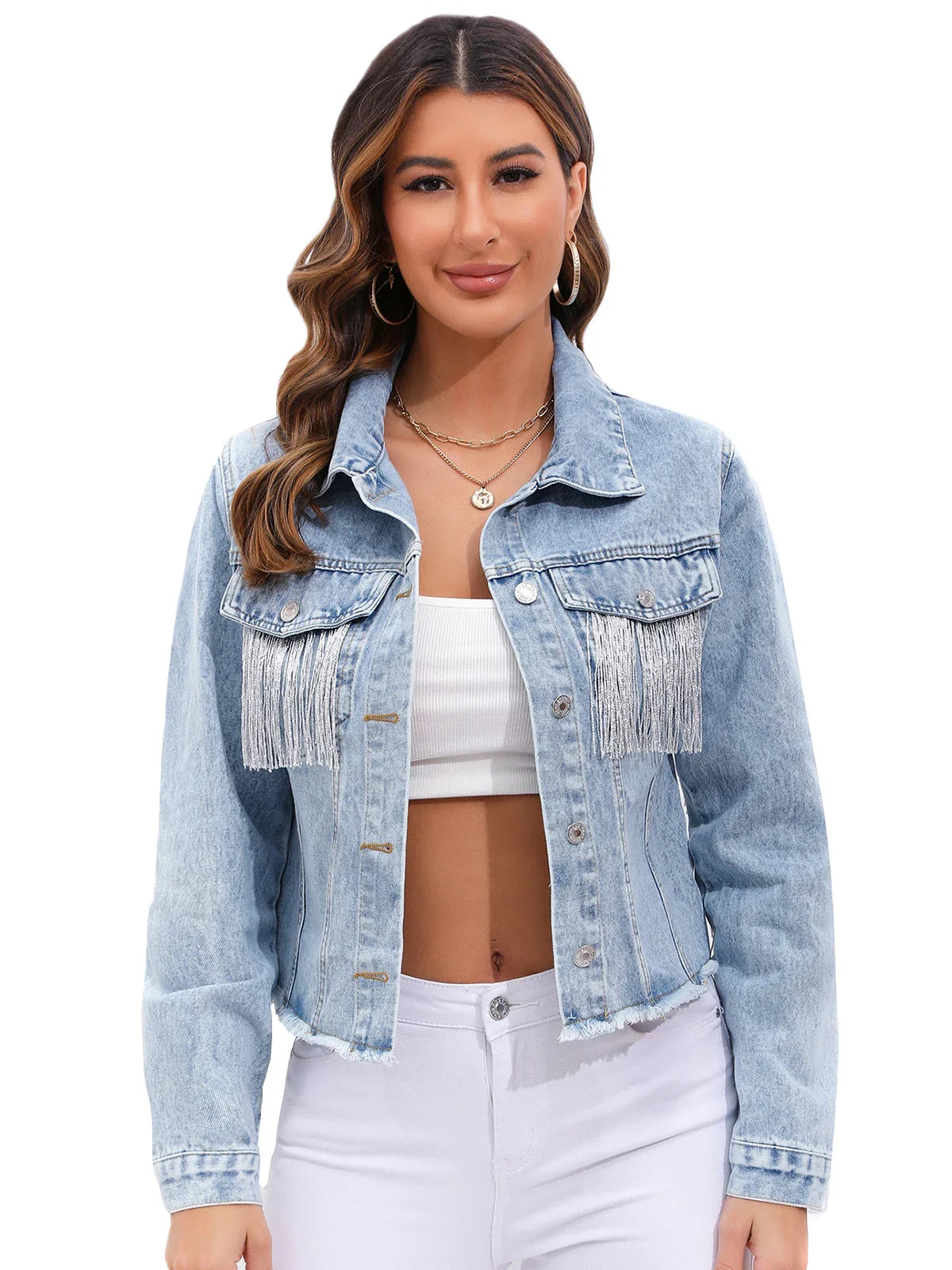 Veste en jean femme courte avec franges manches longues coupe ajustée boutonnée