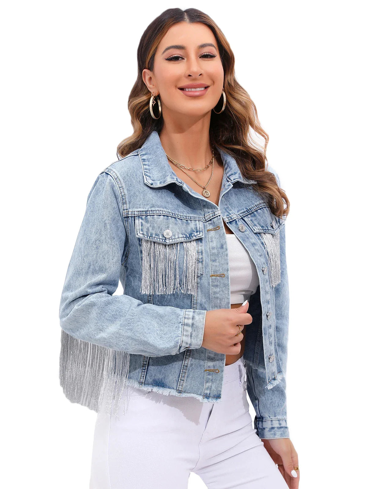 Veste en jean femme courte avec franges manches longues coupe ajustée boutonnée