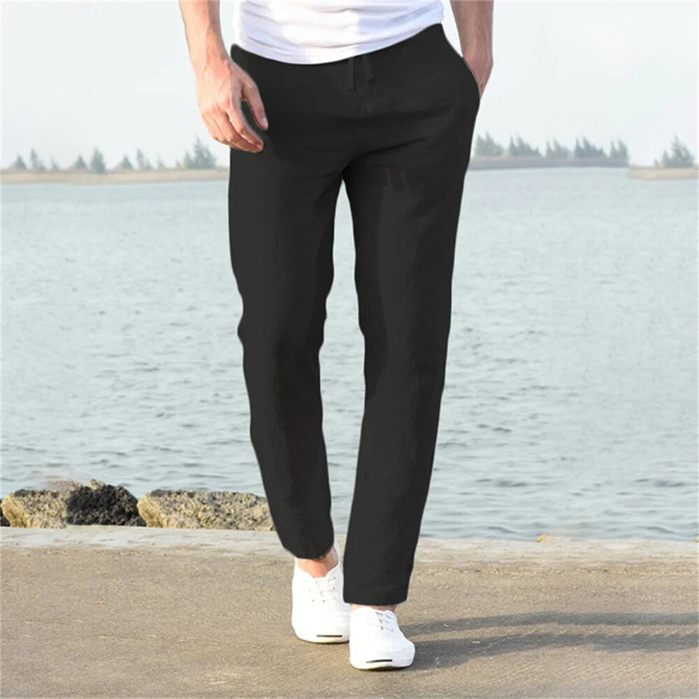 Pantalon homme lin coupe droite taille élastique avec cordon été