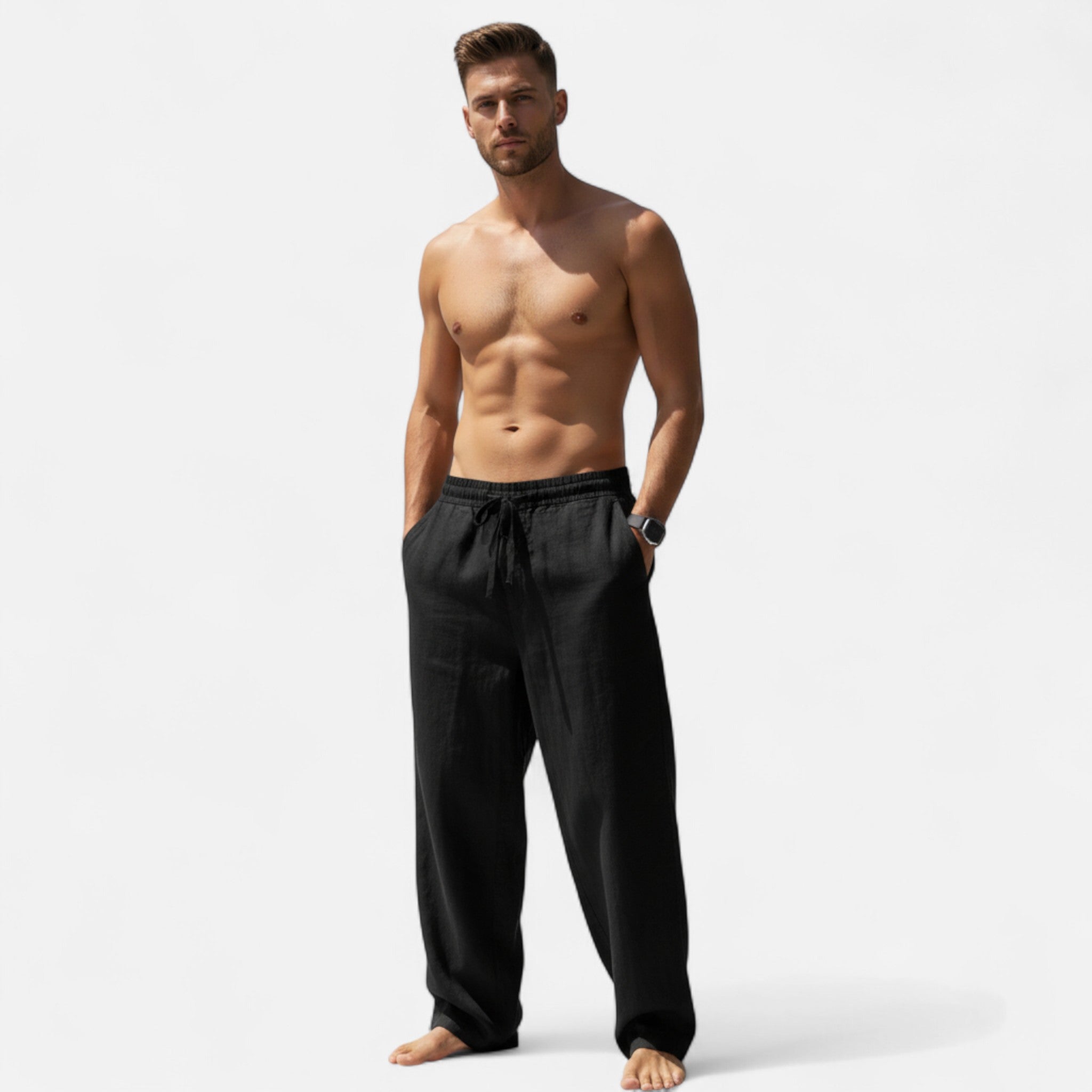 Pantalon homme en lin coupe ample à cordon de serrage style décontracté