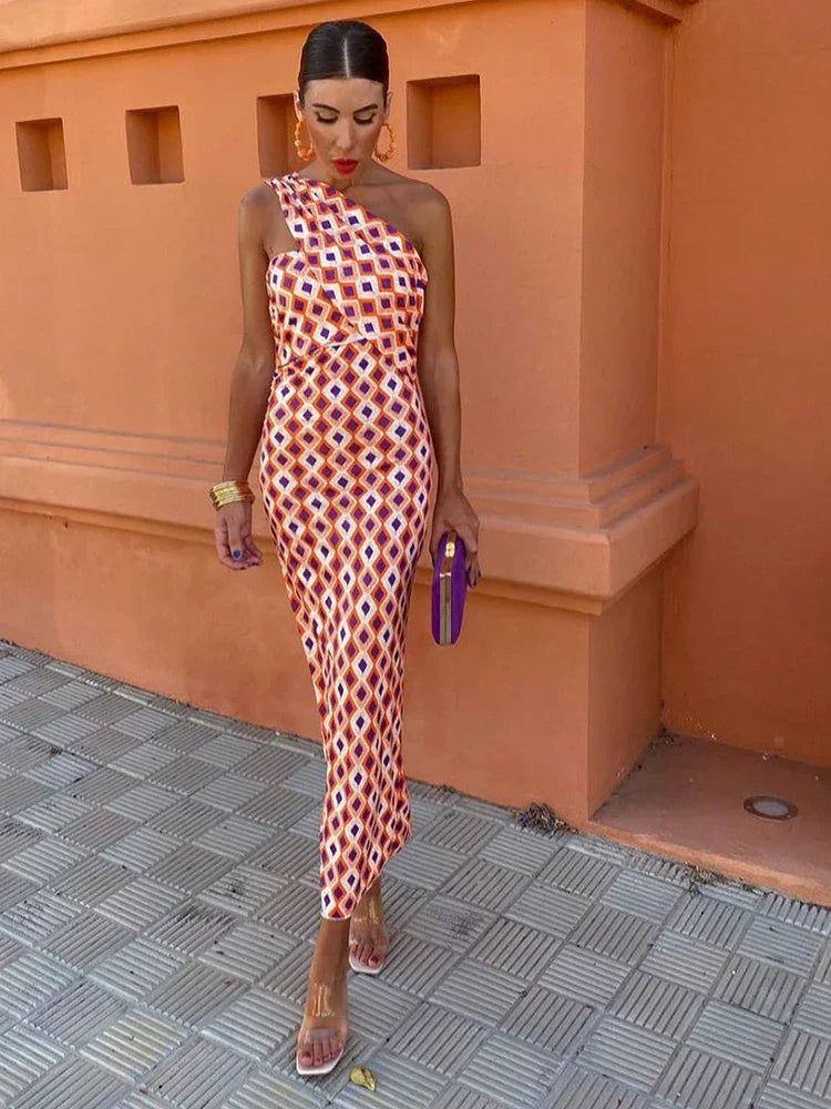 Robe longue asymétrique femme imprimé géométrique une épaule coupe moulante