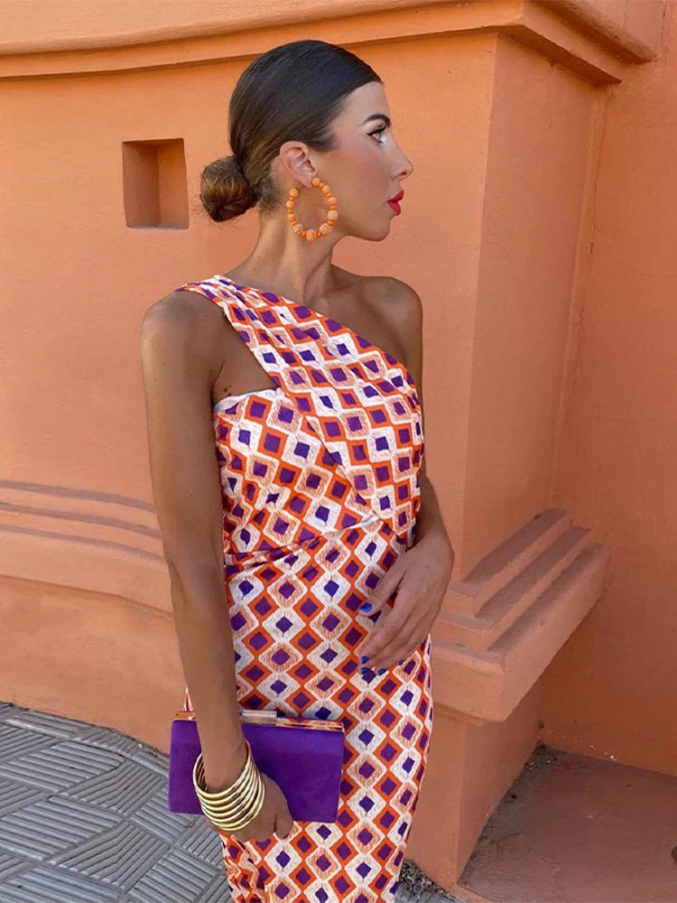 Robe longue asymétrique femme imprimé géométrique une épaule coupe moulante