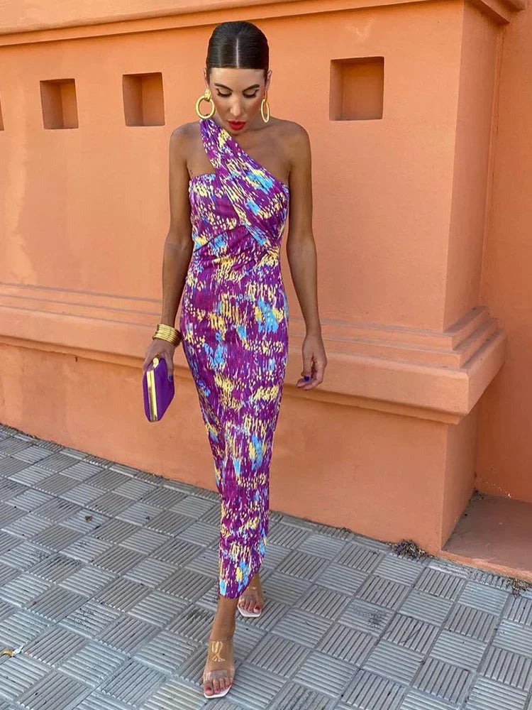 Robe longue asymétrique femme imprimé géométrique une épaule coupe moulante