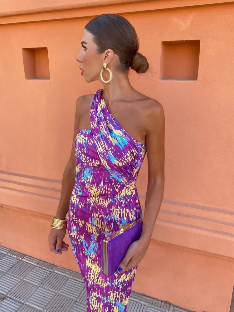 Robe longue asymétrique femme imprimé géométrique une épaule coupe moulante