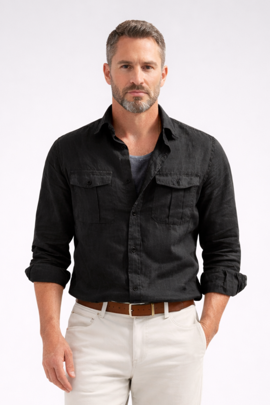 Chemise homme coton lin manches longues boutonnée double poche coupe décontractée