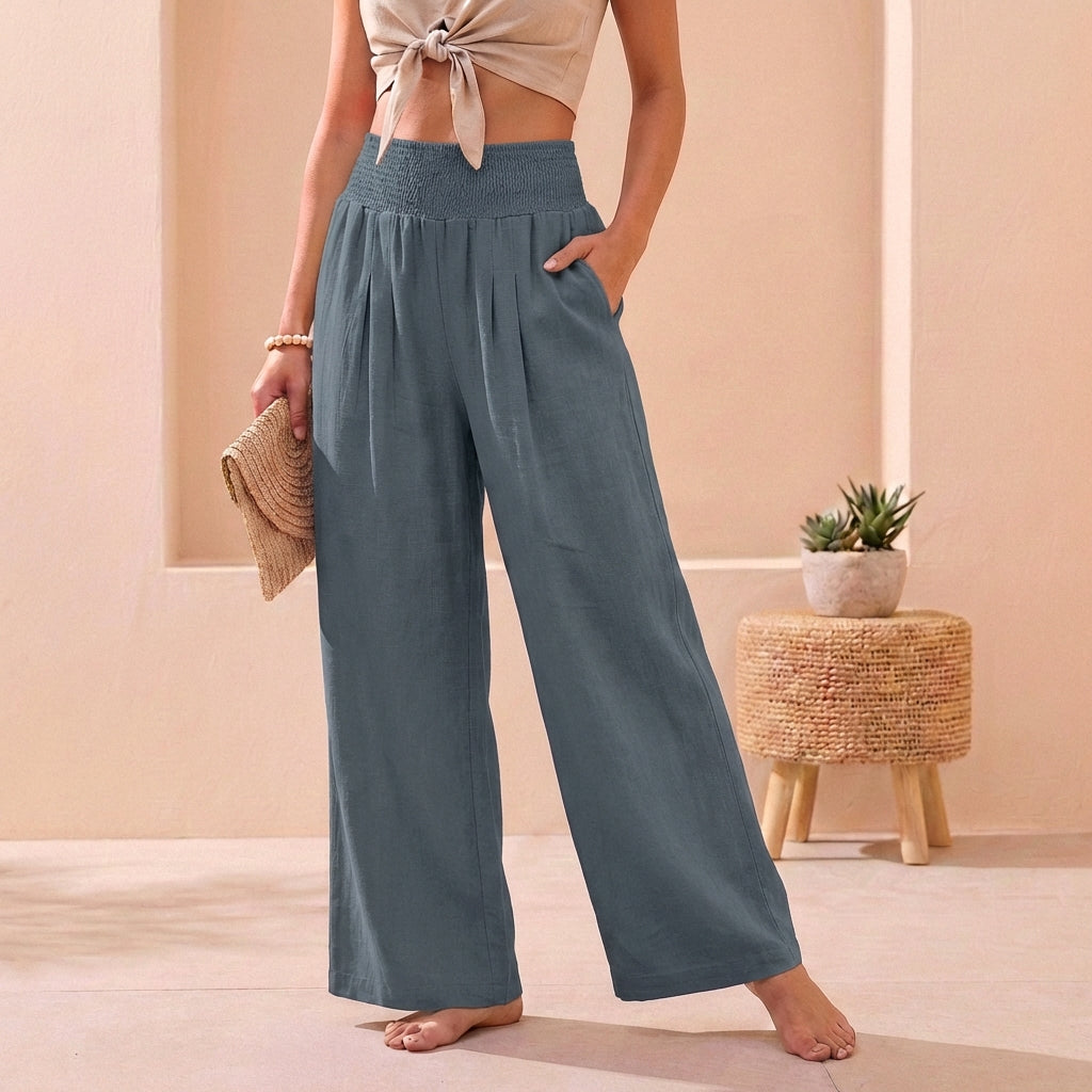Pantalon large femme en lin taille smockée coupe palazzo fluide plis avant