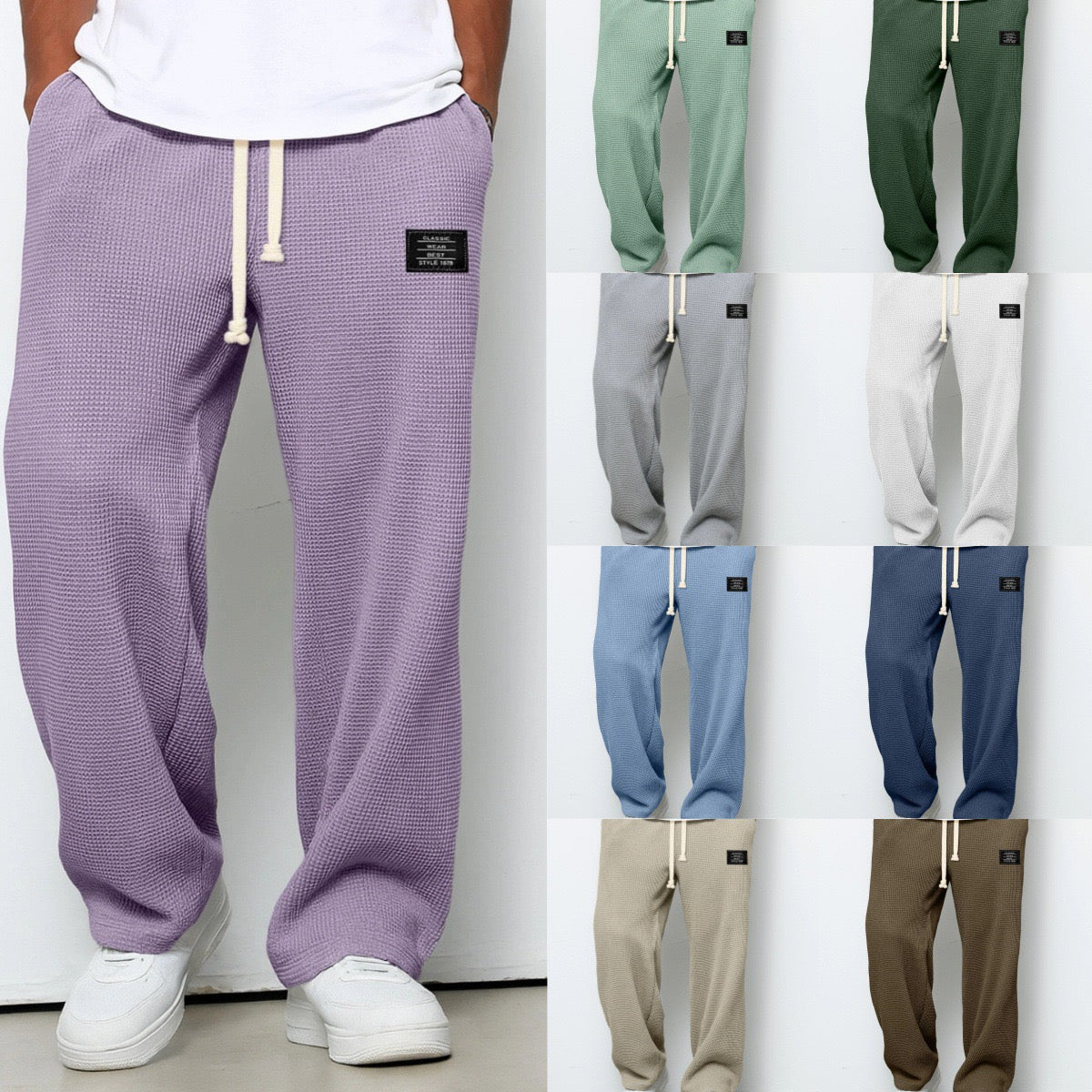 Pantalon homme maille gaufrée cordon taille élastique large casual confort
