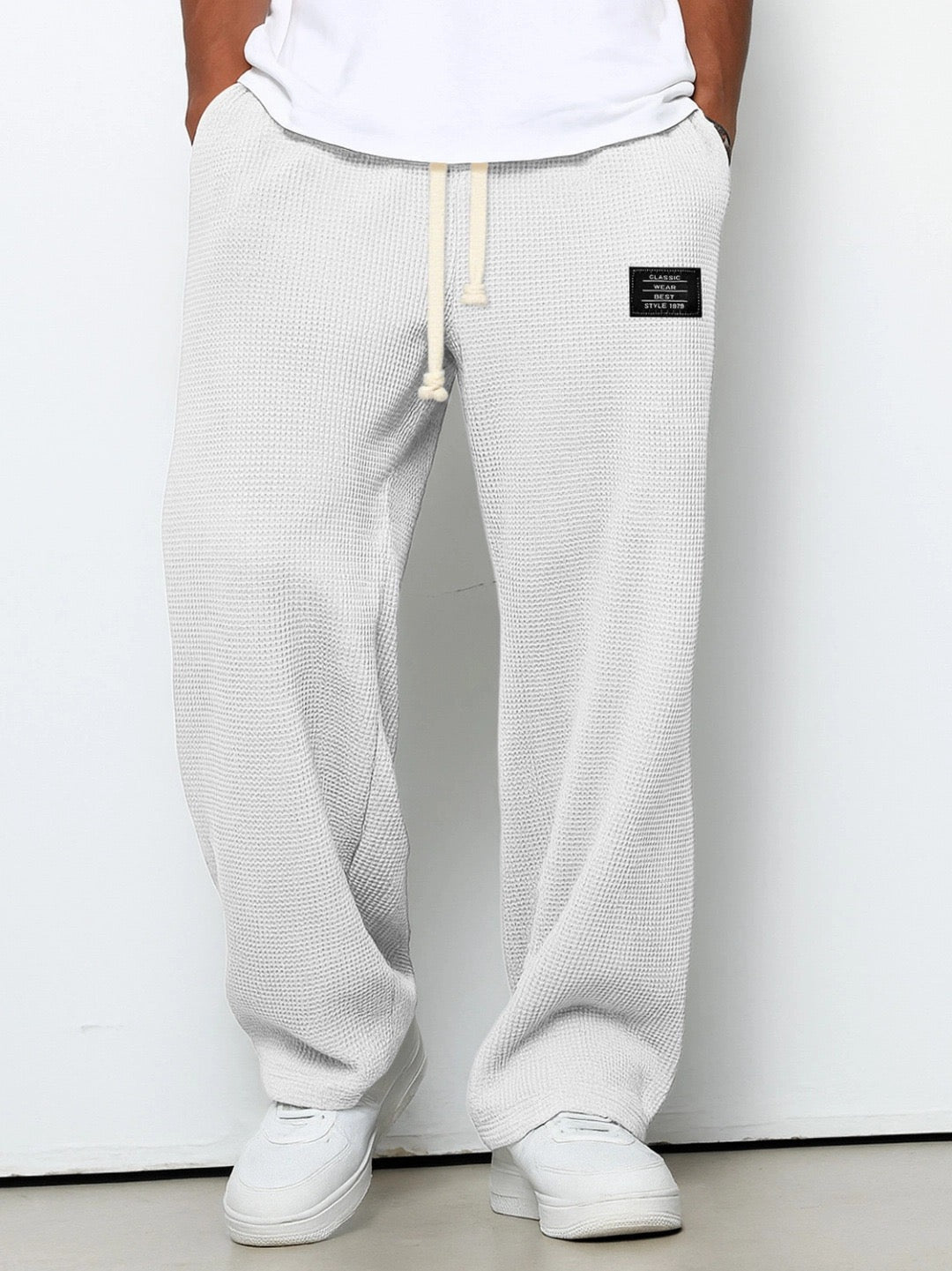 Pantalon homme maille gaufrée cordon taille élastique large casual confort