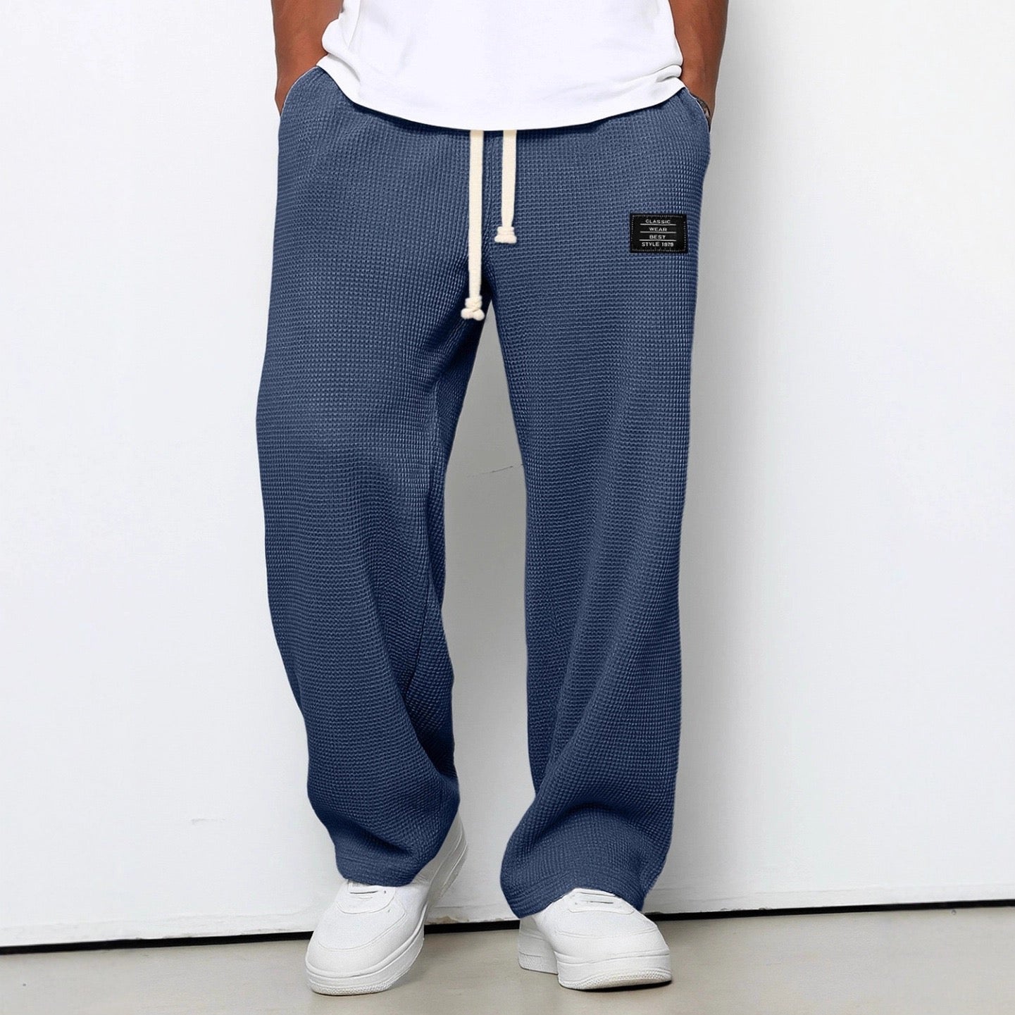 Pantalon homme maille gaufrée cordon taille élastique large casual confort