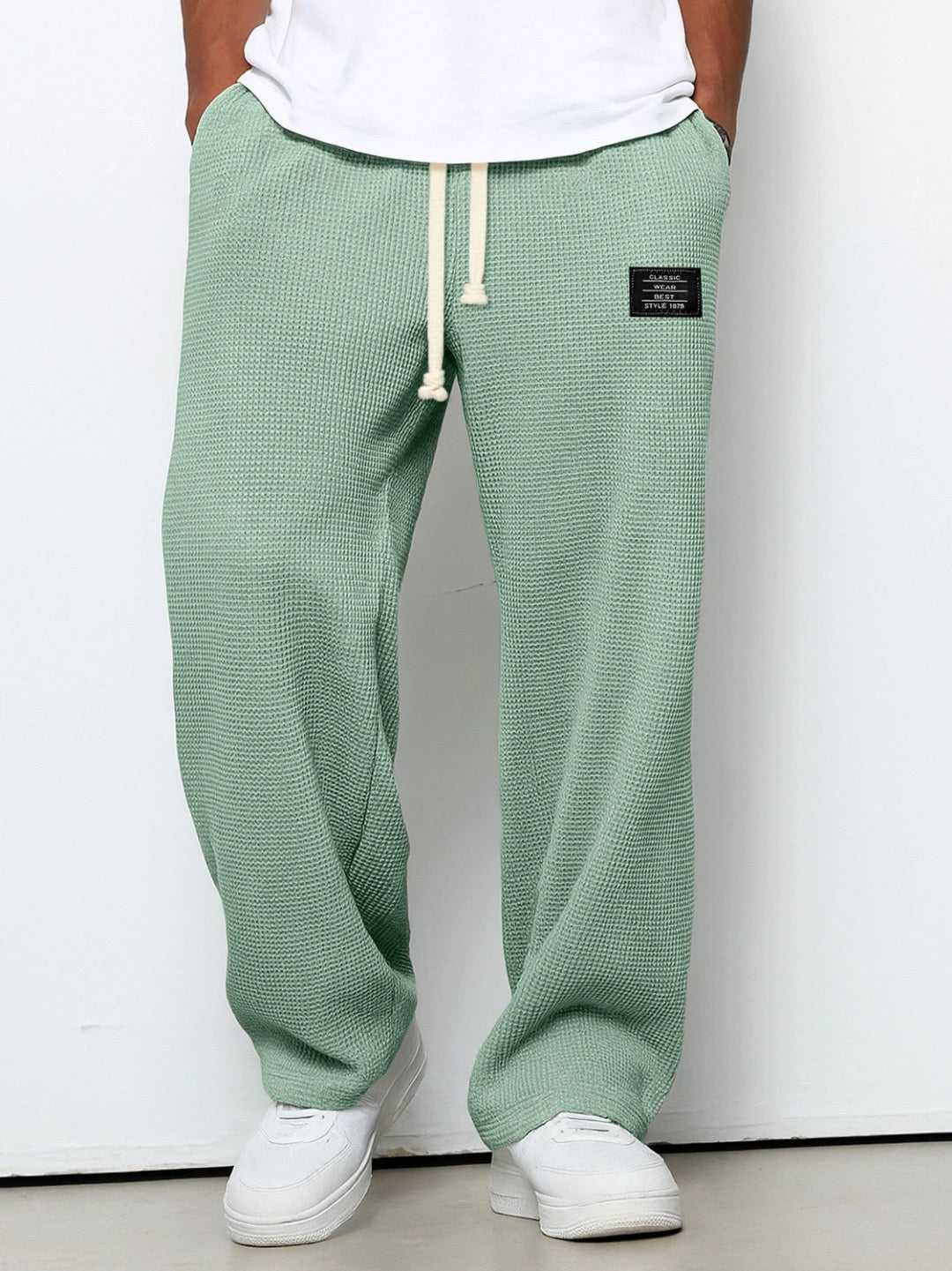 Pantalon homme maille gaufrée cordon taille élastique large casual confort