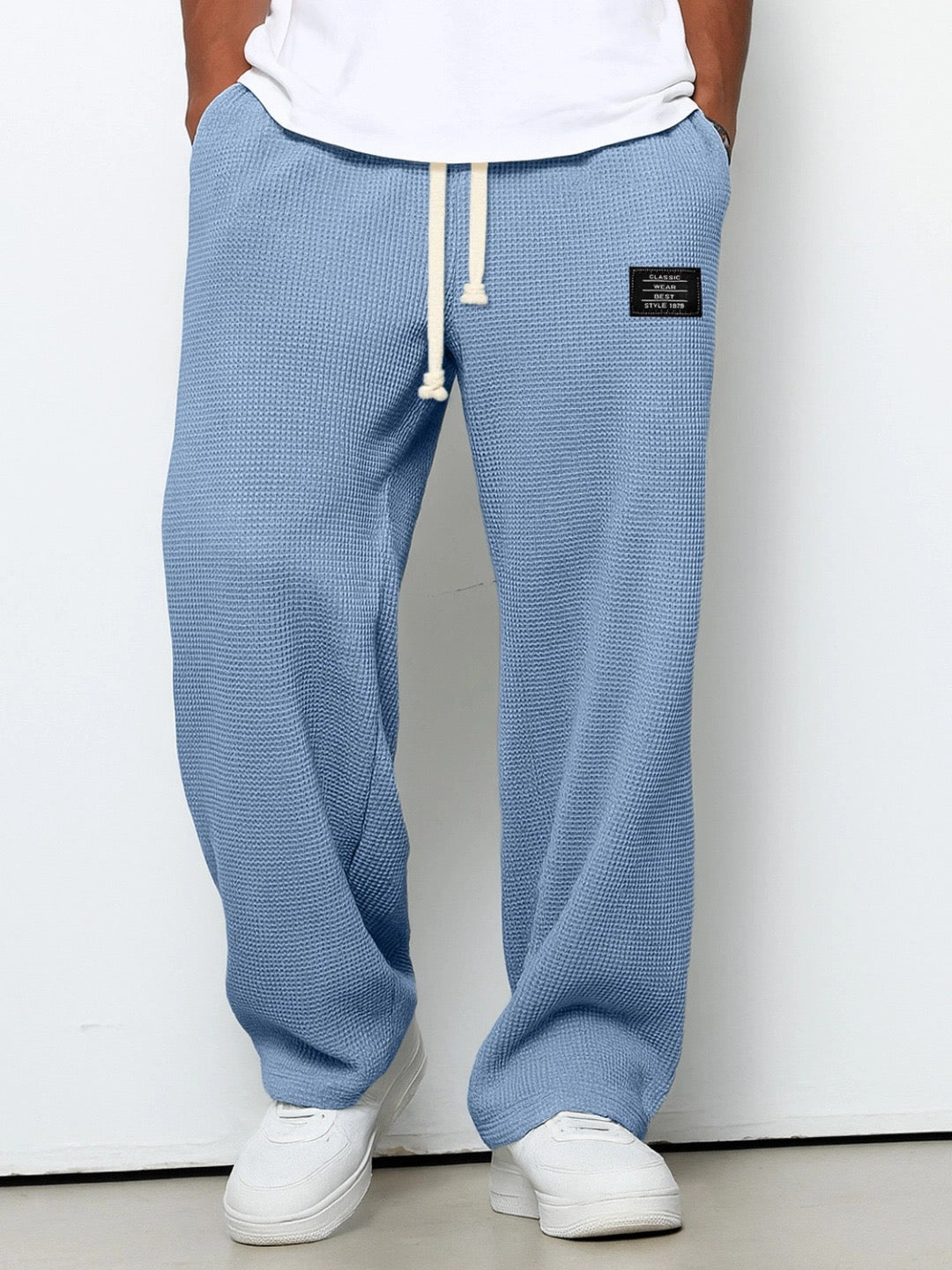 Pantalon homme maille gaufrée cordon taille élastique large casual confort
