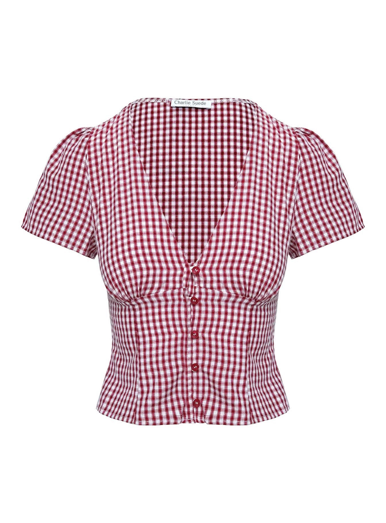 Chemisier femme vichy col V manches courtes boutonné coupe ajustée