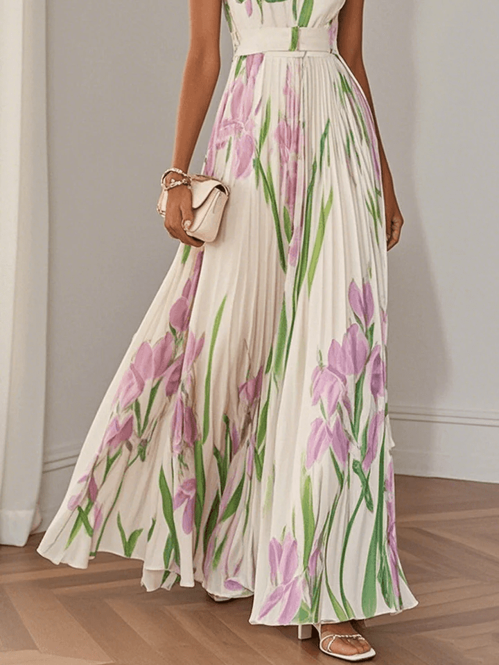 Robe longue femme plissée fleurie sans manches col carré robe été élégante