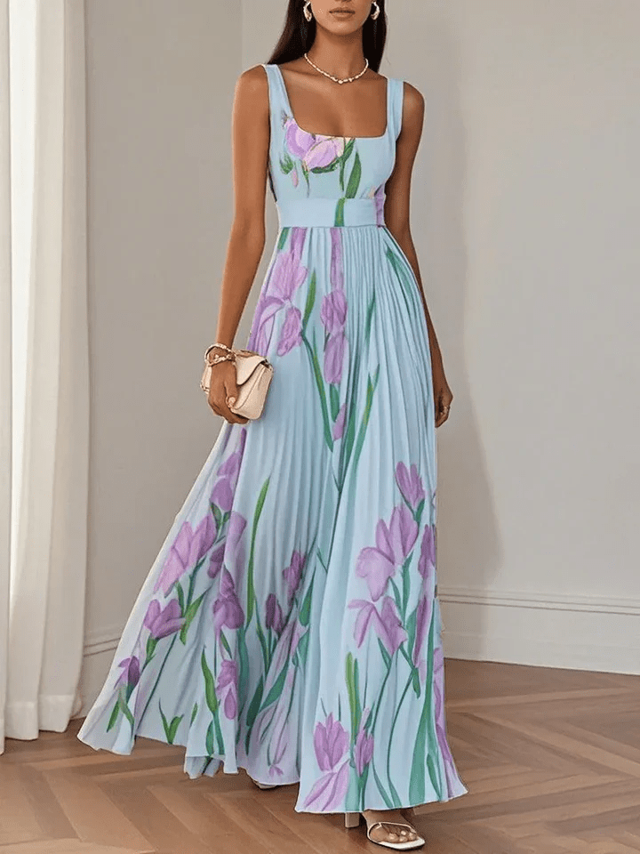 Robe longue femme plissée fleurie sans manches col carré robe été élégante