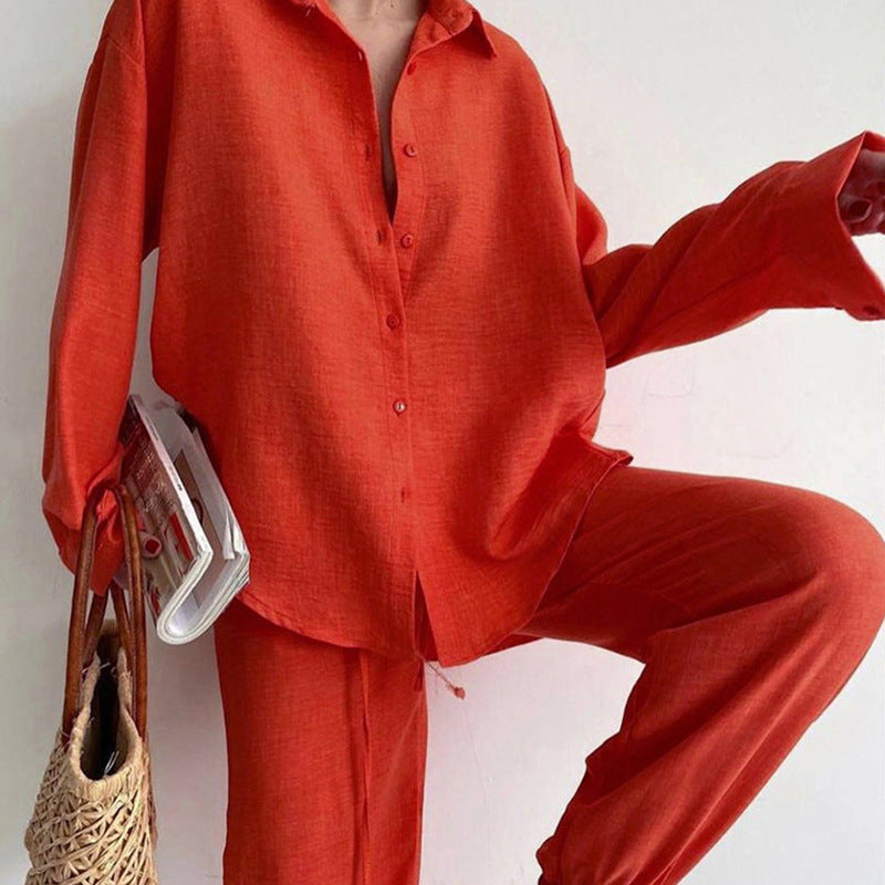 Ensemble femme en lin chemise boutonnée et pantalon large à taille élastique