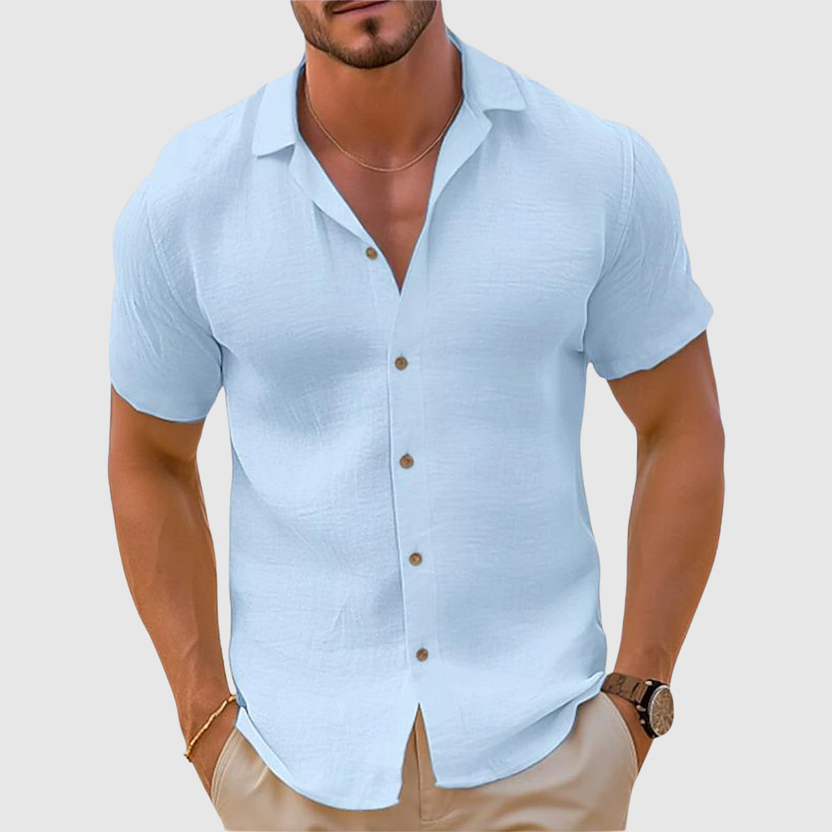 Chemise homme manches courtes coupe ajustée col ouvert boutonnée été décontractée
