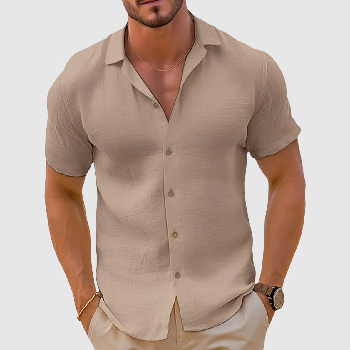 Chemise homme manches courtes coupe ajustée col ouvert boutonnée été décontractée