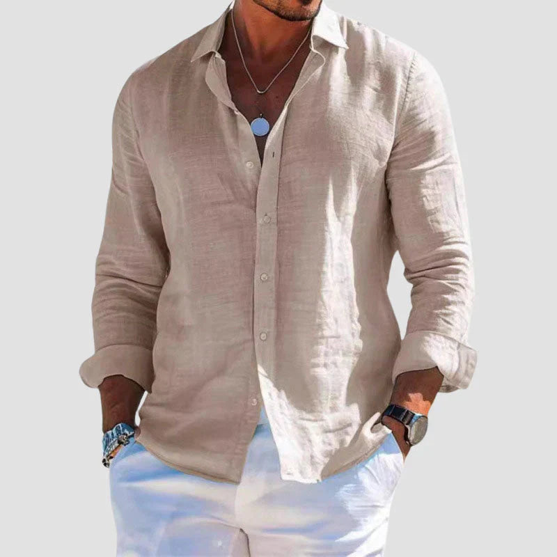 Chemise homme lin manches longues boutonnée col italien coupe décontractée
