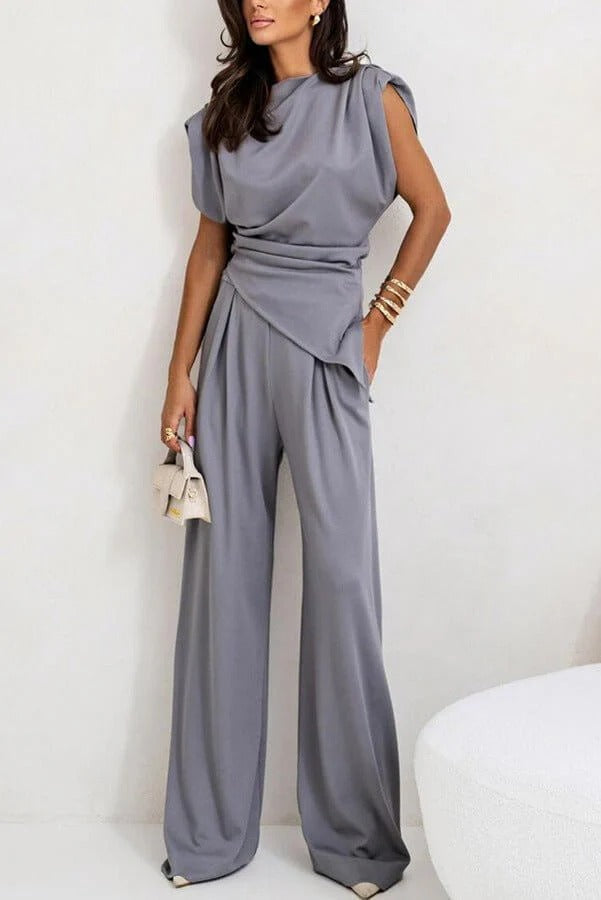 Ensemble deux pièces femme top drapé sans manches pantalon large taille haute fluide