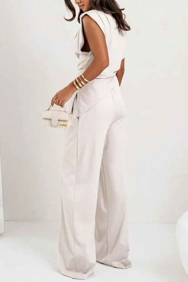 Ensemble deux pièces femme top drapé sans manches pantalon large taille haute fluide