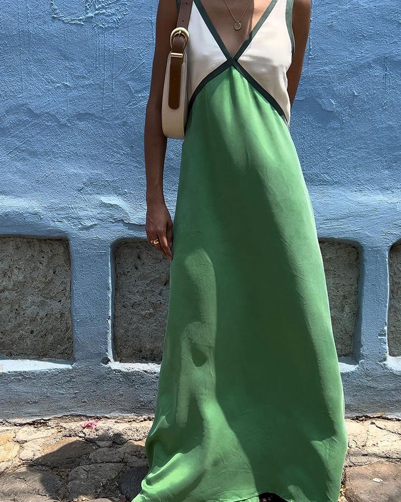 Robe longue femme satinée à bretelles avec col V et détails contrastés
