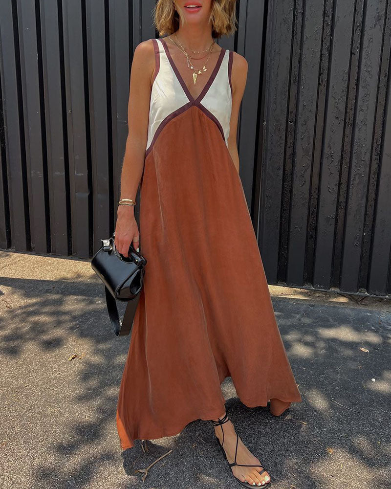 Robe longue femme satinée à bretelles avec col V et détails contrastés