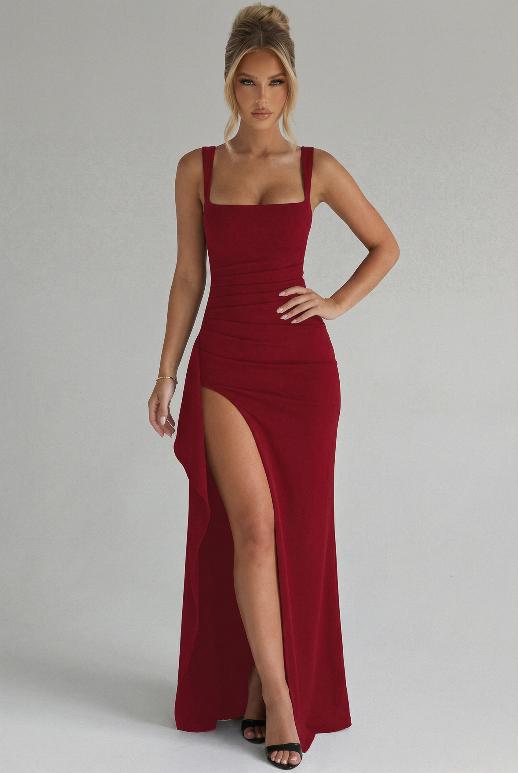 Robe longue femme moulante fente haute col carré sans manches soirée