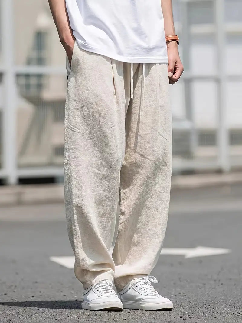 Pantalon homme en lin coupe parachute à cordon style ample été respirant