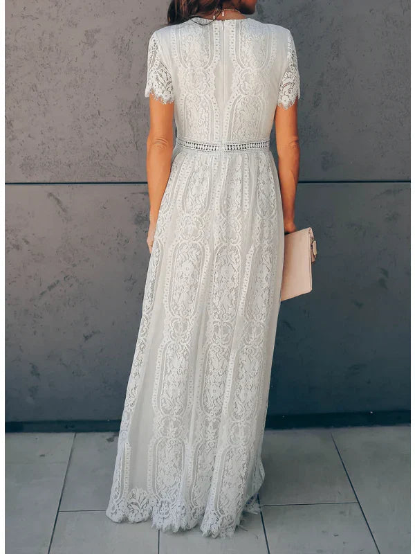 Robe longue dentelle femme col V manches courtes style bohème élégante