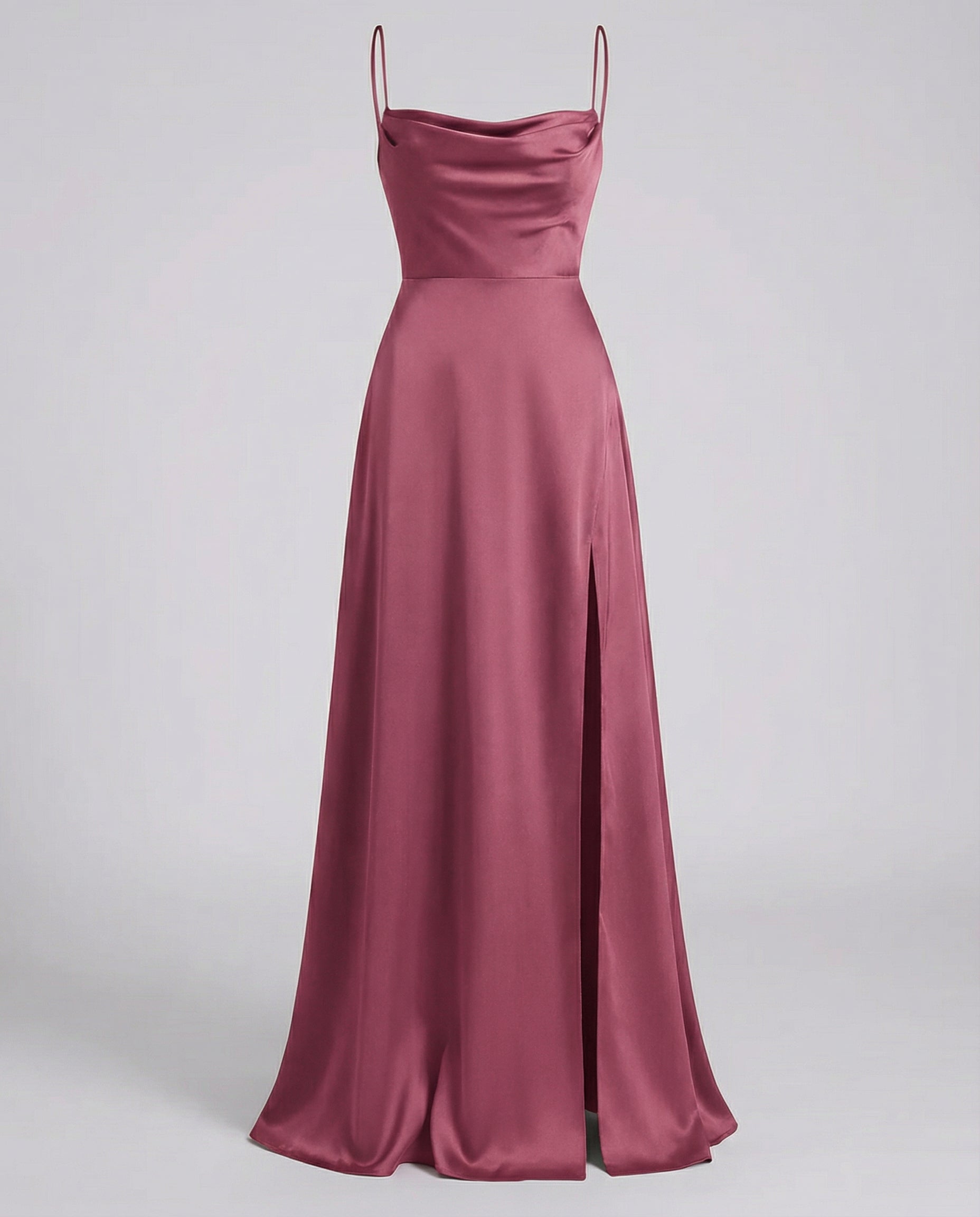 Robe longue femme satin col bénitier fente haute fines bretelles