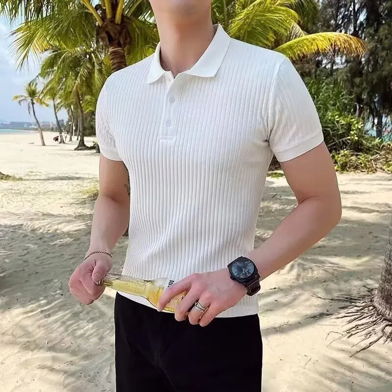 Polo homme maille côtelée manches courtes col boutonné coupe ajustée