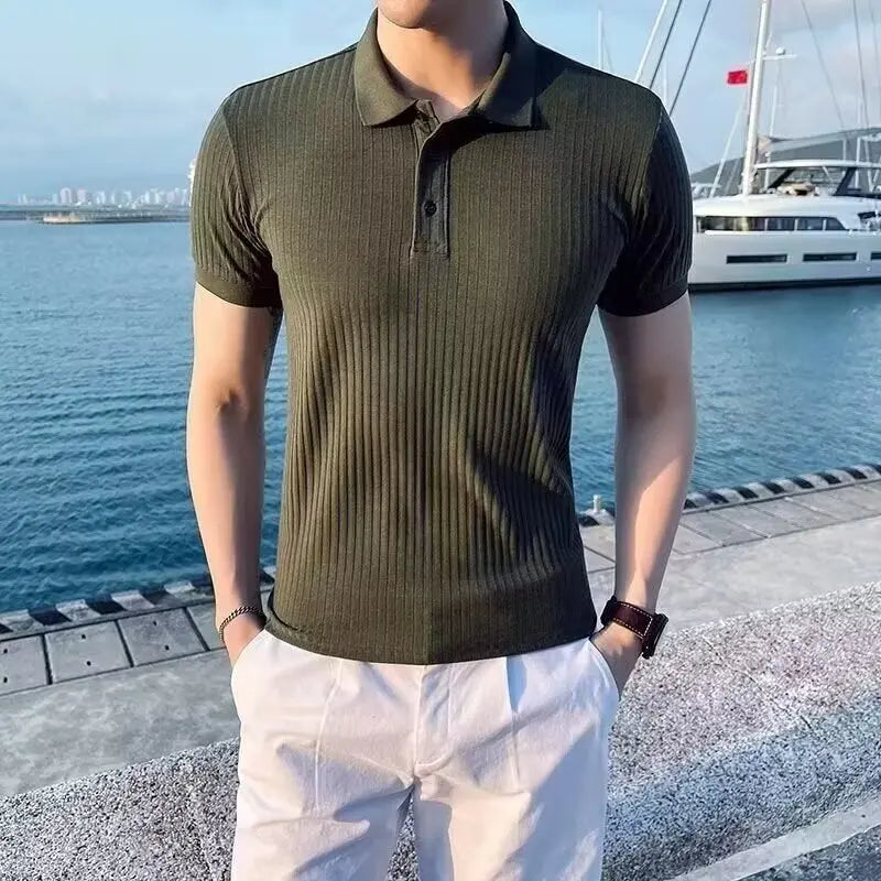 Polo homme maille côtelée manches courtes col boutonné coupe ajustée