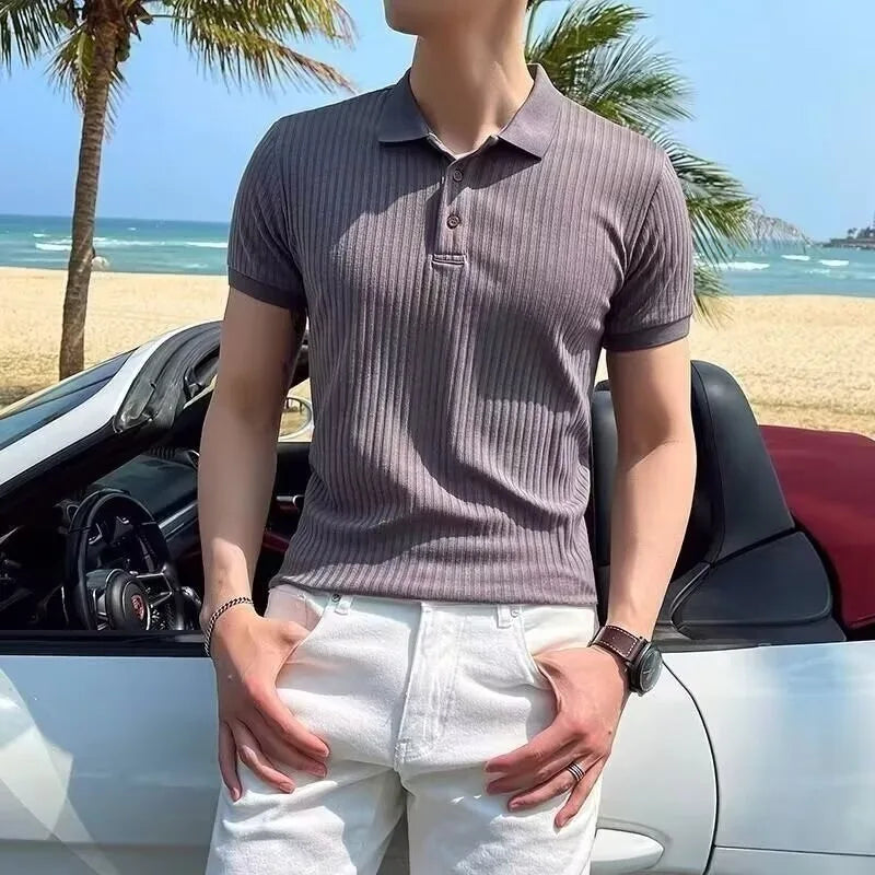 Polo homme maille côtelée manches courtes col boutonné coupe ajustée