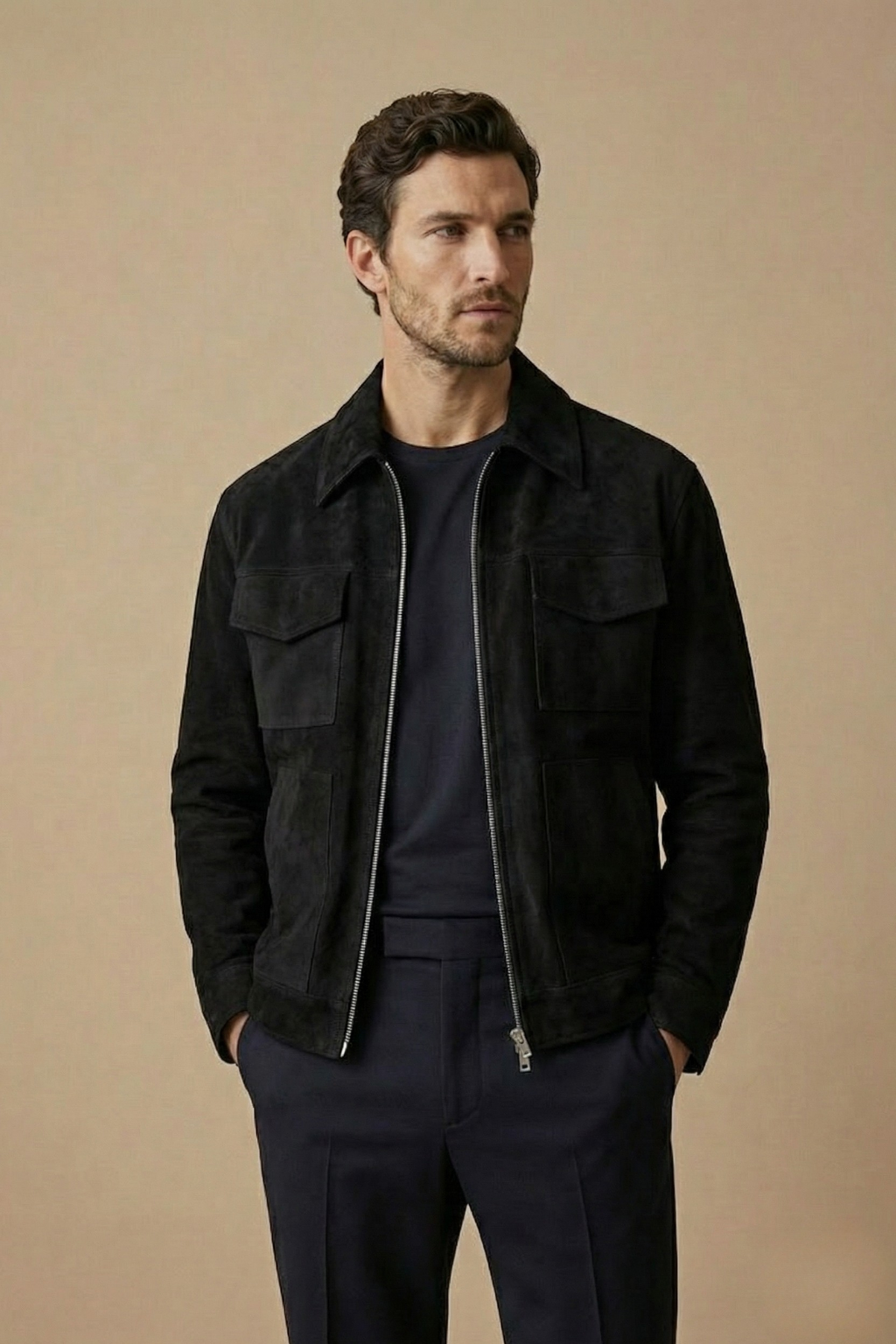 Veste homme zippée coupe droite poches poitrine style utilitaire classique