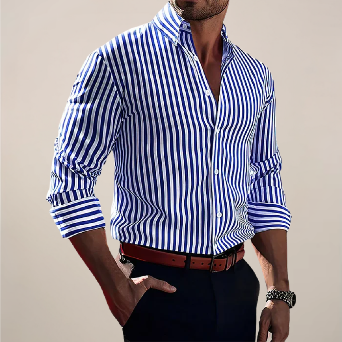 Chemise homme rayée manches longues coupe ajustée col boutonné