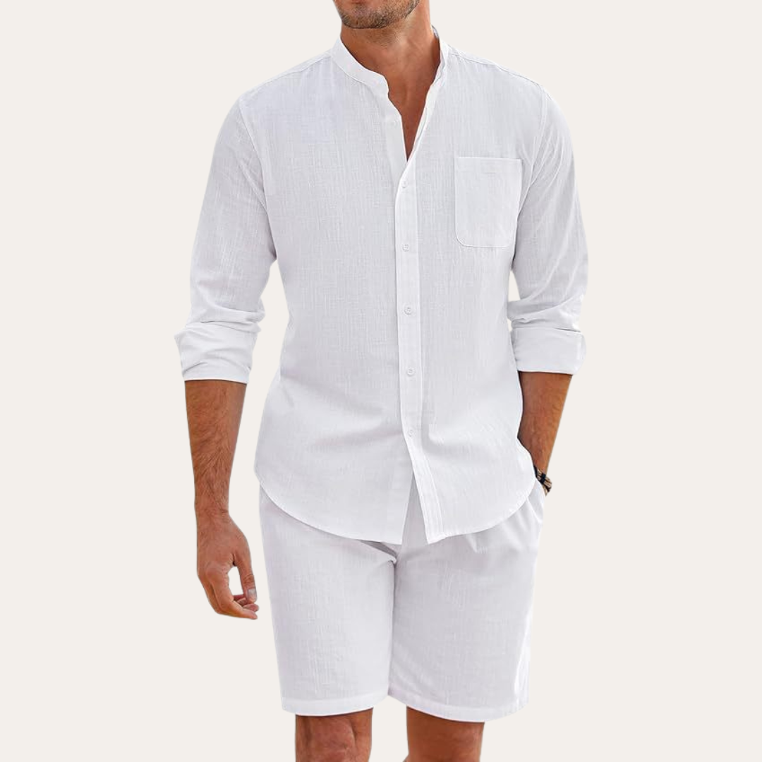 Ensemble homme été chemise manches longues short col mao coupe décontractée