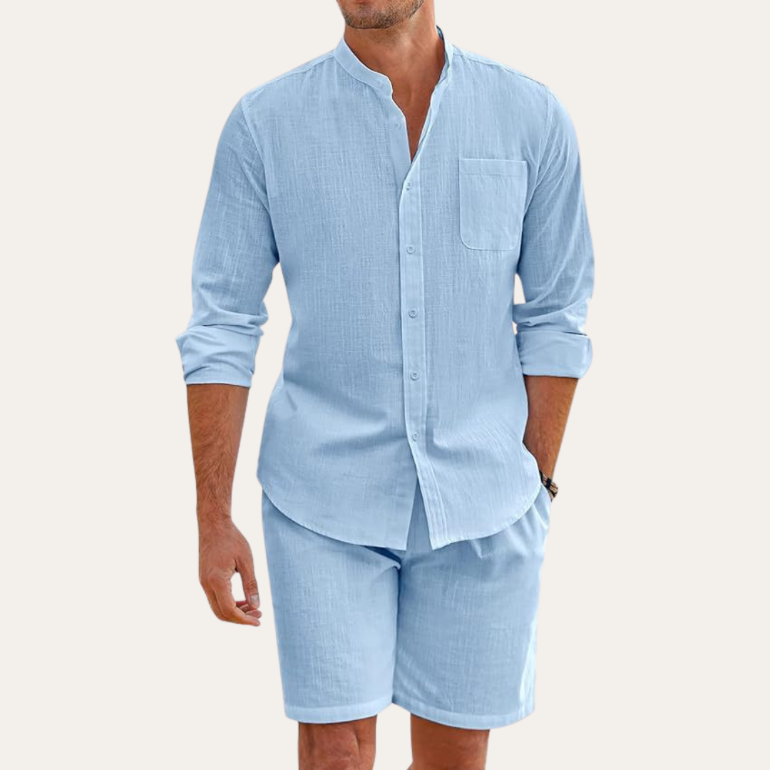 Ensemble homme été chemise manches longues short col mao coupe décontractée