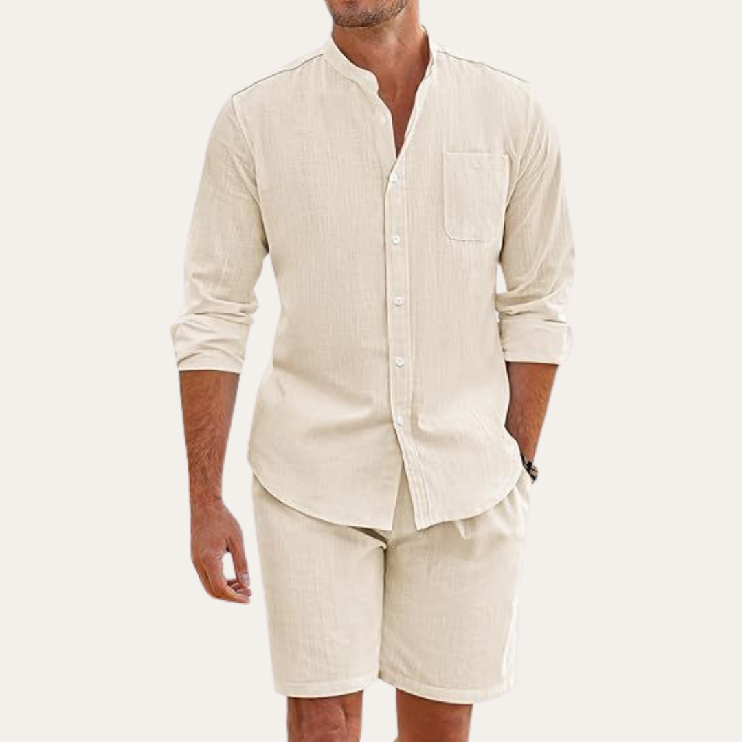 Ensemble homme été chemise manches longues short col mao coupe décontractée